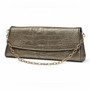Ann Taylor LOFT Faux Alligator Clutch Pewter Metallic Chain Strap Evening Bag